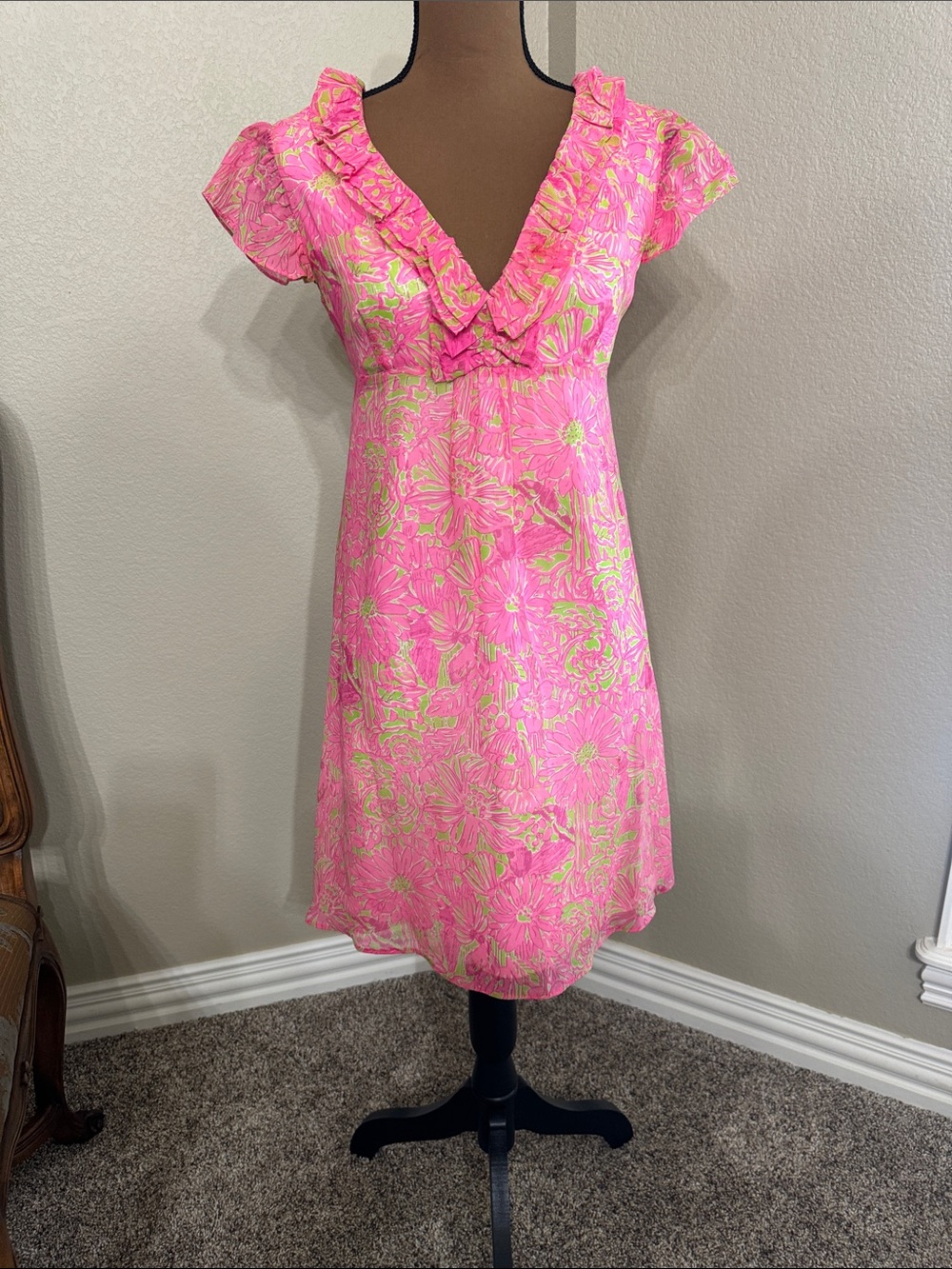 Lilly Pulitzer Hot Pink & Lime Floral Ruffle V-Neck Dress